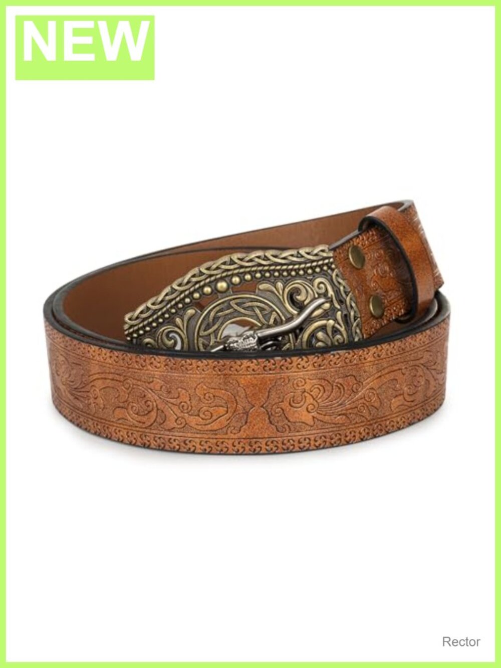 Western Bull Head Buckle Belt Cowhide Leather Floral Engraved